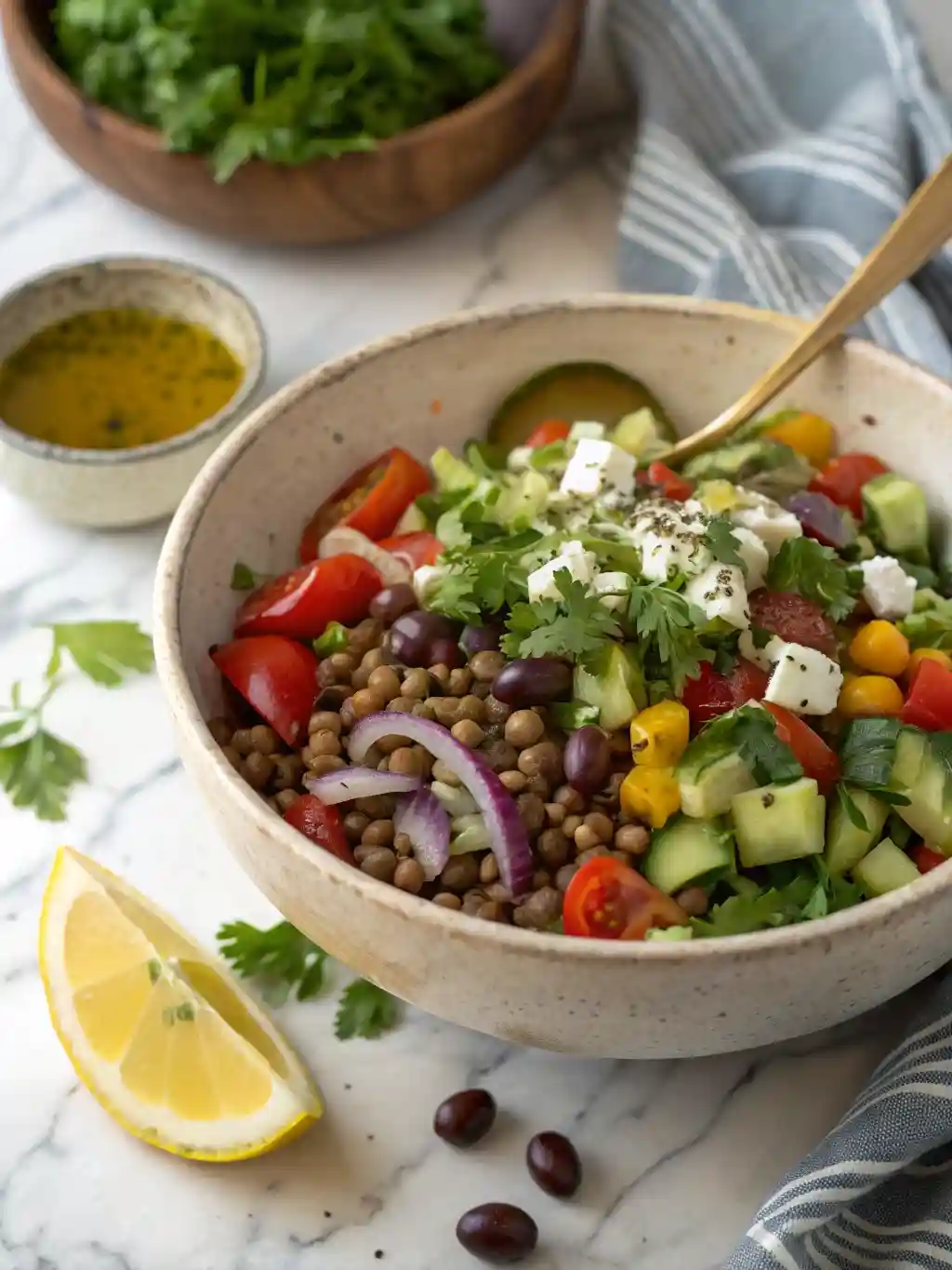 Overhead view of Mediterranean lentil salad with feta, cucumber, bell pepper, olives and fresh herbs in a ceramic bowl.